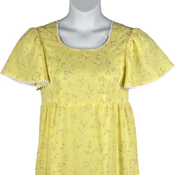 70s Yellow S Floral Textured Empire Waist Maxi Dress Flutter Sleeves Cottagecore - Picture 4 of 16